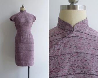 Vintage '50s Mauve Pink Silk Abstract Striped Woven Cheongsam S