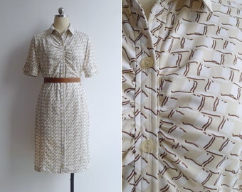 50% OFF - Vintage '80s 'Coffee & Cream' Ruched Collared Shirt Dress M-L