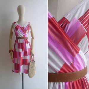 Vintage 80s Pink & Red Gradient Squares Crossover V-Neck Dress XS-S, Retro Summer Cotton Wrap Midi with A-Line Skirt