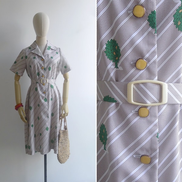 SALE - Vintage '80s Tree Lover Op Art Novelty Print Shirt Dress with Belt M-L
