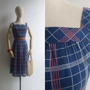 Robe midi à carreaux quadrillé bleu sarcelle et rose poudré vintage des années 80 P-M image 1