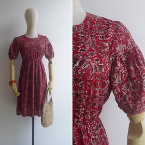 Vintage '80s Deep Red Novelty Batik Print Cotton Dress XS image 1