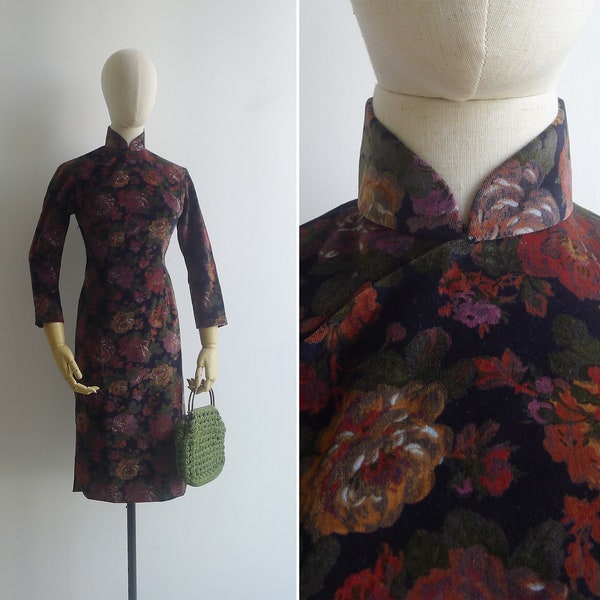 SALE - Vintage '70s Moody Floral Black Cheongsam Dress S