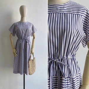 Vintage 1980s Indigo Blue & White Striped Midi Dress S M L , Adjustable Drawstring Waist Cotton Frock, Blouson Fit Summer Casual Style