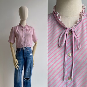 Vintage 1980s Pink & Grey Striped Peplum Blouse S-M, Retro Frill Neck Button Down Top, Short Sleeve Feminine