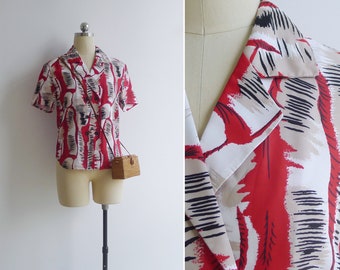 SALE - Vintage '80s Bright Red Abstract Print Double Breasted Button Top XS-S