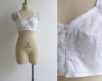 Vintage 70s Cotton Circle Stitch Bra Top S, Retro Deadstock White Longline Crop Tank with Button Front & Picot Trim