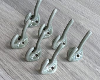 Vintage 50s Celadon Green Glazed Ceramic Wall Hook, Retro New Old Stock Double Hook, Home Decor