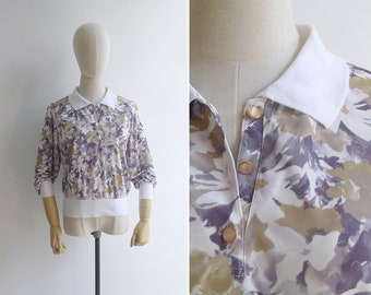 Vintage '80s Abstract Watercolor Floral Preppy Banded Top M