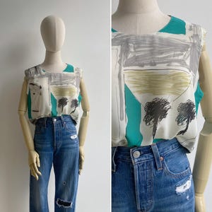 Vintage 1980s Scribble Sketch Safari Novelty Print Tank Top M-L, Abstract Elephants Sleeveless Blousy Fit