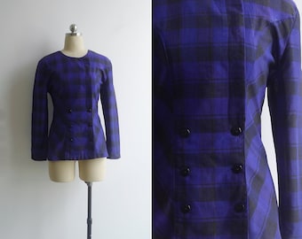 50% OFF - Vintage '80s Electric Blue & Black Buffalo Plaid Blouse S