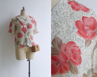 Vintage '80s 'Coral Floral' Abstract Print V-Neck Blouse S