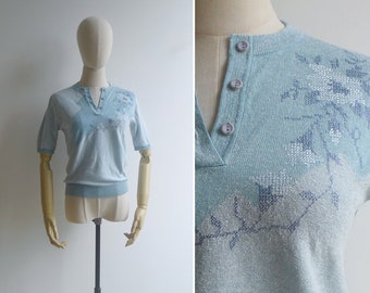 Vintage '80s Pastel Blue Cross Stitch Floral Henley Knit Top XS S M