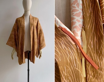 Kimono Haori de seda naranja Ashi vintage de los años 50, tallas XS, S, M, L; chaqueta japonesa con estampado abstracto de mediados de siglo.