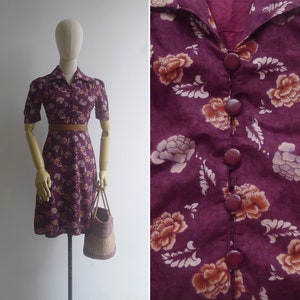 Vintage 1970s Floral Print Aubergine Purple Puff Sleeve Dress XS, Retro Collared Shirtwaist Midi in Cotton