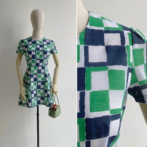 Vintage 1970s Mod Mini Dress with Geometric Checkerboard Print XS-S, Blue Green White Squares, Retro Short Puff Sleeves