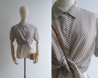 SALE - Vintage '80s Beige Taupe & White Polka Dot Puffed Sleeve Blouse L-XL