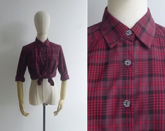 SALE - Vintage '80s Christmas Plaid Red Collared Shirt Blouse XS-S