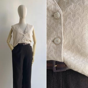 Vintage 1970s Sand Beige Textured Knit Vest Top, S M L, Sleeveless Button-Up V-Neck Tank Waistcoat, Spring Summer Style