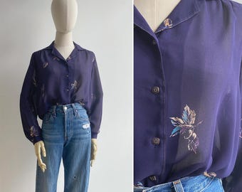 Vintage 80s Violet Purple Feathered Floral Blouse S-M, Retro Feminine Chiffon Collared Long Sleeved Top with Stitch Detail