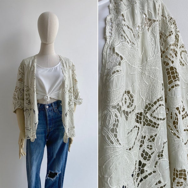 SALE - Vintage '80s Bali Cutwork Eyelet Draped Jacket Blazer XS S M L