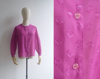 Vintage '70s Magenta Pink Polka Dot Textured Blouse XS-S