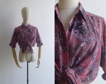 Vintage '80s Pink Airbrush Splatter Abstract Print Blouse S-M