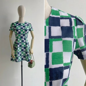 Vintage 1970s Mod Mini Dress with Geometric Checkerboard Print XS-S, Blue Green White Squares, Retro Short Puff Sleeves