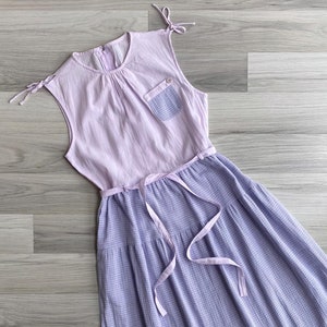 Vintage 1980s Lilac Purple Grid Check Cotton Dress - Girls 6-10 Years, Retro Sleeveless Two-Tone Fit & Flare Summer Day Dress