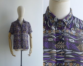 SALE - Vintage '80s Purple Abstract Floral Print Collared Blouse M