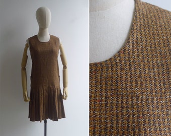 SALE - Vintage '70s Brown Tweed Mod Pleated Dropwaist Dress XS-S