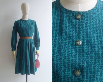 SALE - Vintage '70s Deep Teal Green Houndstooth Printed Midi Dress S-M