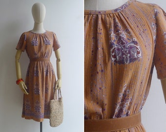 Vintage '80s Terracotta Fleur-de-Lis Blouson Dress S-M