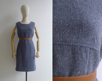 50 % DE RÉDUCTION - Robe droite en tweed de laine chambray bleu des années 90 vintage des années 90 M-L