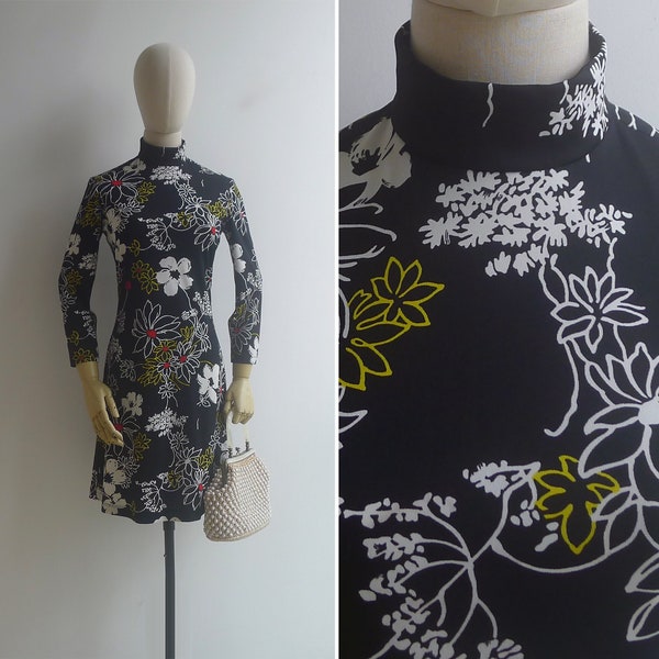 SALE - Vintage '70s Mod Black Sketched Floral Print Mock Neck Dress XS