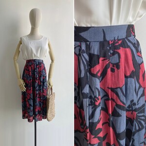 SALE - Vintage '80s Grey & Red Abstract Floral Midi Skirt with Side Buttons XS