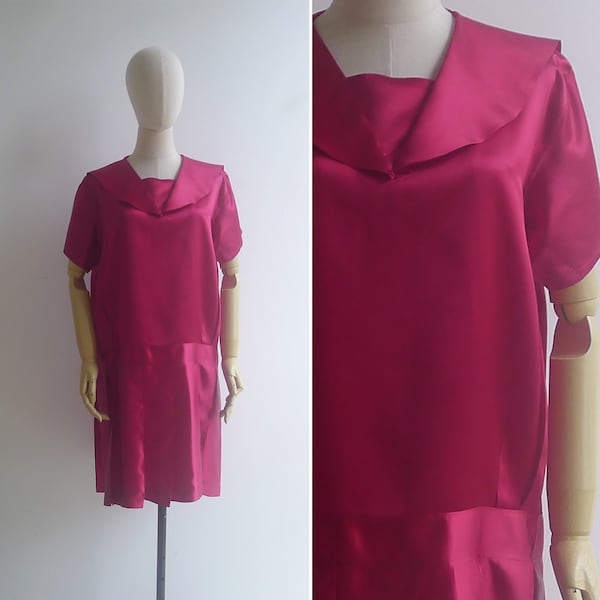 SALE - Vintage '80s Does '20s Ruby Red Satin Dropwaist Dress M
