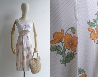 SALE - Vintage '70s Orange Poppy Floral Striped A-Line Pleated Skirt XXS