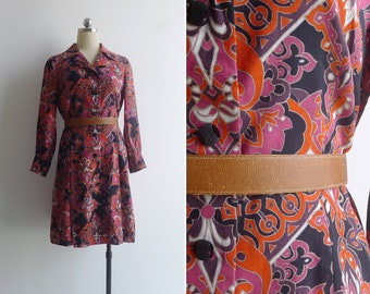 Robe chemise à col imprimé géométrique kaléidoscope mod vintage des années 70 M