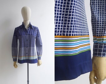 SALE - Vintage '70s Blue Op Art Checkered Grid Collared Shirt S-M