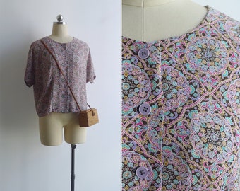 SALE - Vintage 80's Pink 'Peranakan Tile' Floral Print Slouchy Top M L XL