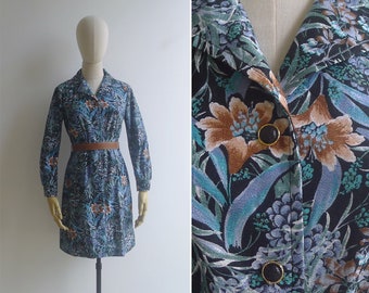 SALE - Vintage '70s Glow In The Dark Floral Print Shirt Dress S