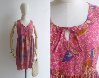 SALE - Vintage '90s Pink Batik Print Rayon Smock Tank Dress S