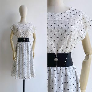 Vintage 1980s White Lace Midi Dress – Black Polka Dot Print, Scalloped Neckline, S-M
