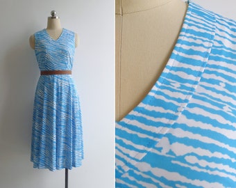 Vintage '80s Sky Blue & White Abstract Striped Midi Dress S-M