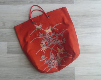 SALE - Vintage '70s Kimono Fabric Butterfly Print Shopper Tote Bag