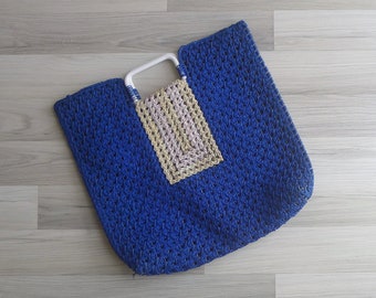 Vintage '70s Cobalt Blue Macrame Shopper Tote Bag