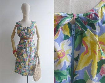 SALE - Vintage '80s Abstract Floral Zip Front House Dress with Pocket M L XL