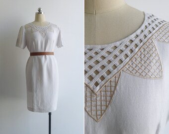 SALE - Vintage '80s '90s Chalk White Cutwork Embroidered Linen Dress S-M