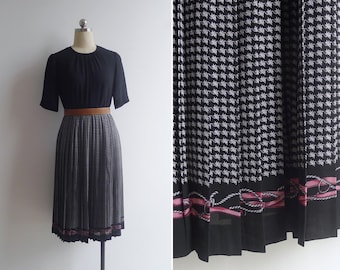 Vintage '80s Two Tone Black & Houndstooth Check Pleated Midi Dress S